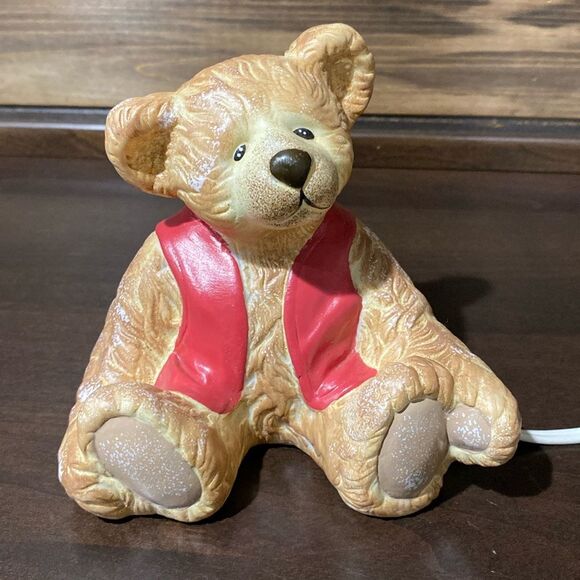 Ceramic Teddy Bear Wearing A Red Vest Night Light - Picture 1 of 9
